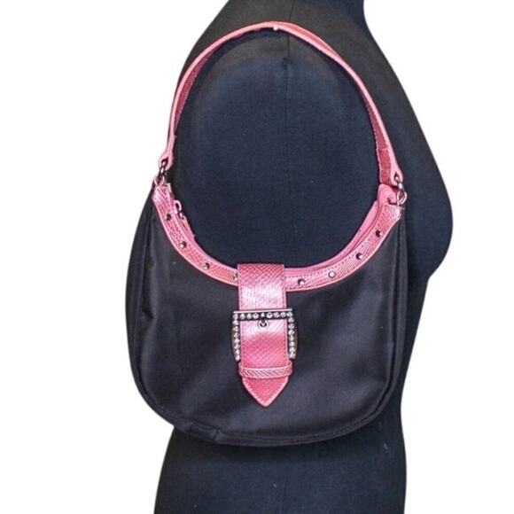 Esprit Crescent Shoulder Bag Rhinestone Buckle Pink Black Vintage Y2K - Picture 1 of 4